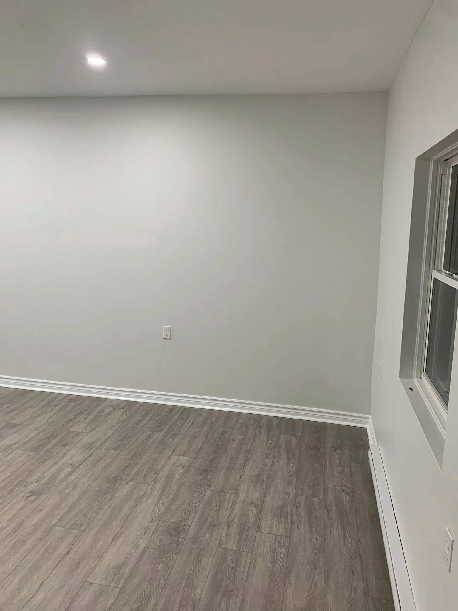 Empty finished basement room with grey plank flooring, a recessed light, and a window set in a deep reveal.