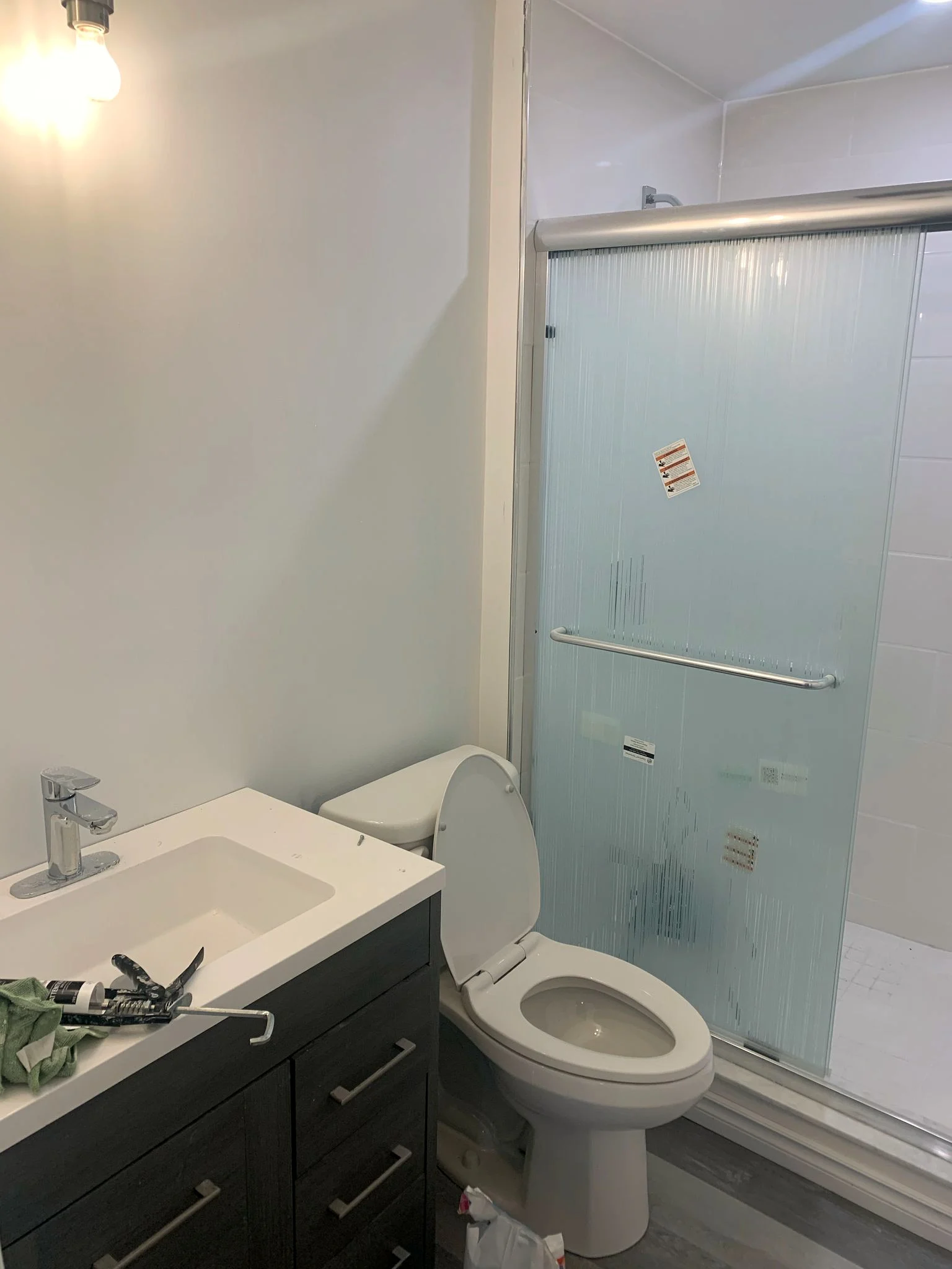 Nearly finished bathroom with a toilet and a ribbed glass sliding shower door beside a dark wood-tone vanity with a chrome faucet.